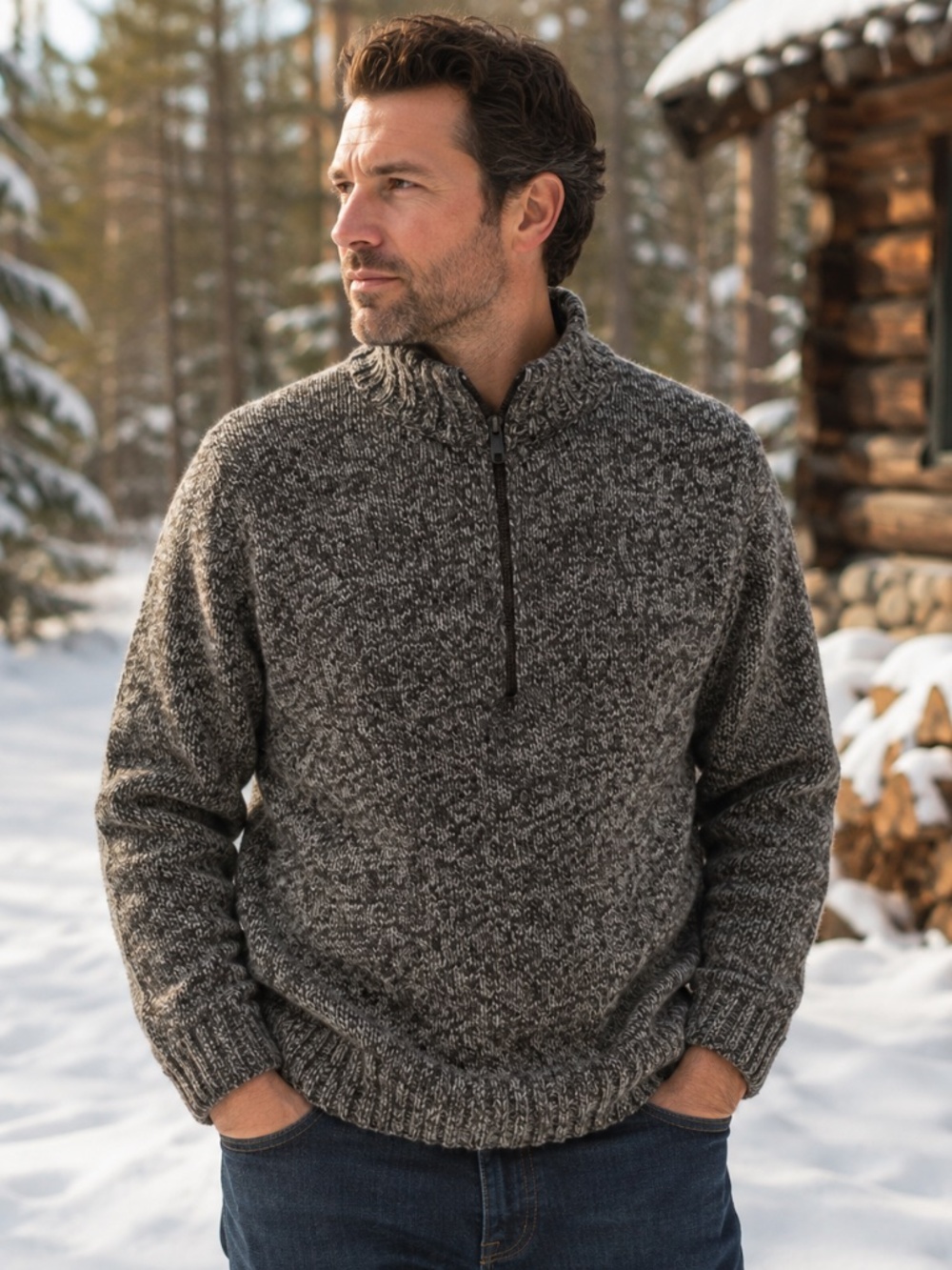 Woolrich Men's Gray Marled 100% Wool 1/4 Zip Sweater L Outdoors Winter Cabincore